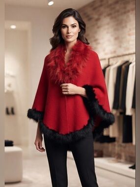 Red and Black Fox Fur Trim Sweater